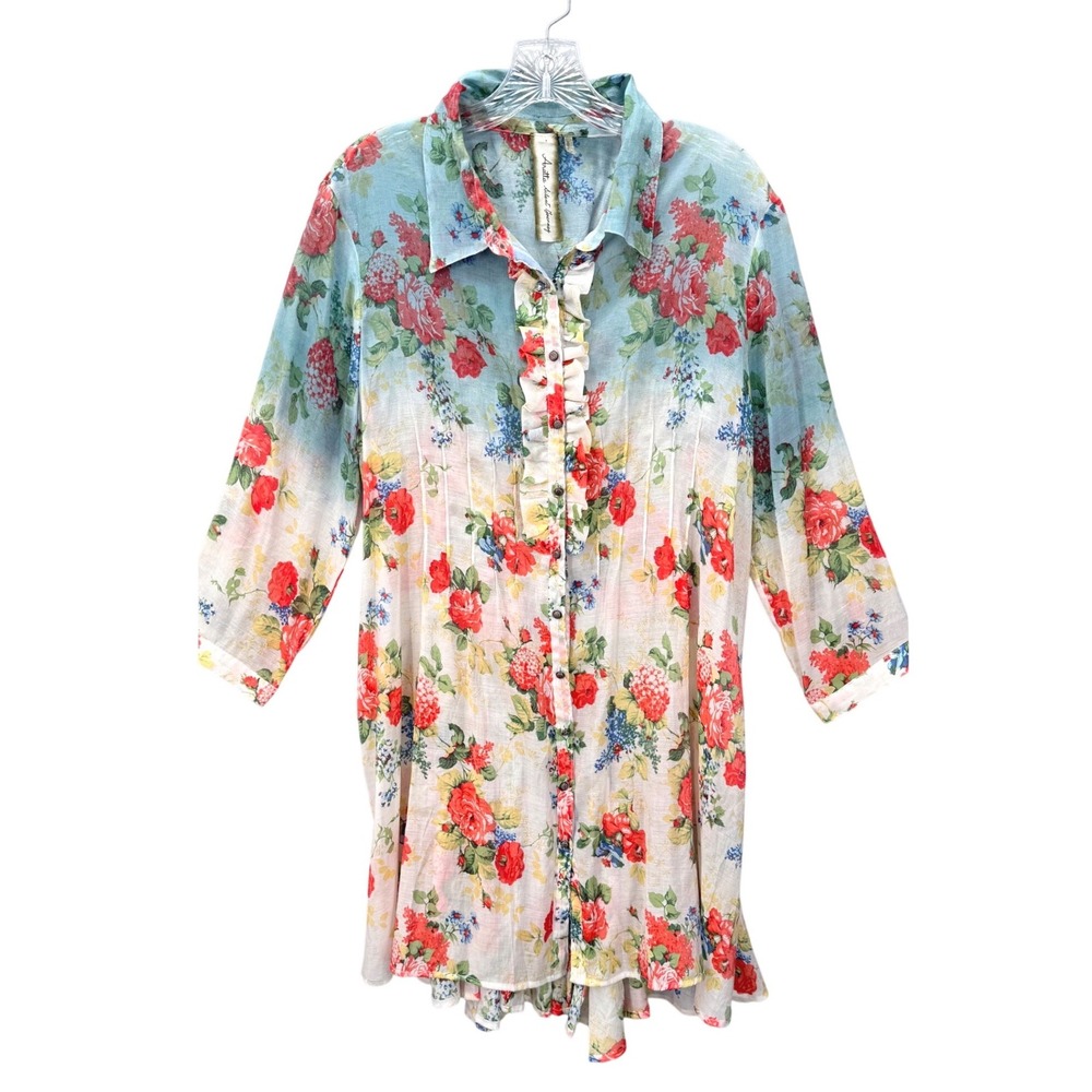 Aratta Silent Journey Tunic Top Women L Blue Floral Ruffle Lace Up Pintuck Boho
